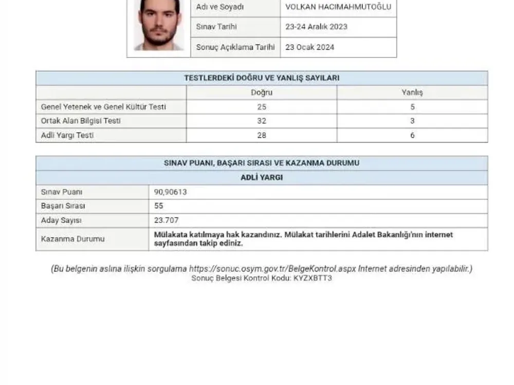 Adli yargı hakimlik sınavlarında üç kez derece yapan Volkan Hacımahmutoğlu